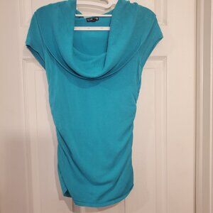 Teal Cowl Neck, Short Sleeved Ruched Sweater Tunic, Small, Express